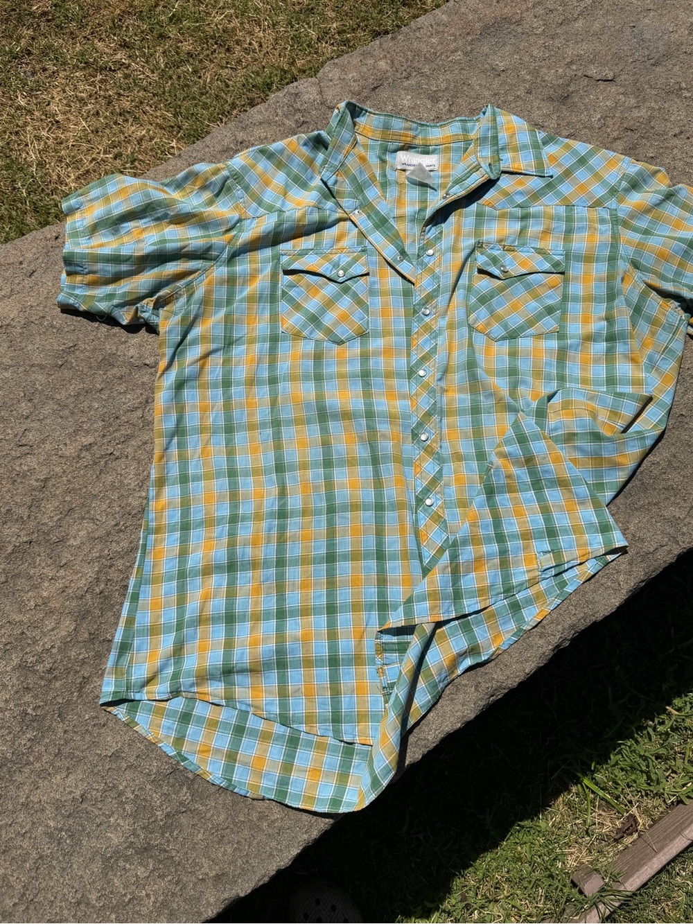 Vintage Wrangler Rancher Pearl Snap Plaid Western Shirt Men’s Blue Green Yellow